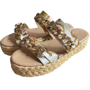 Shoe Dazzle Women's Miami Print White Chain Dola Woven Espadrille Sandal